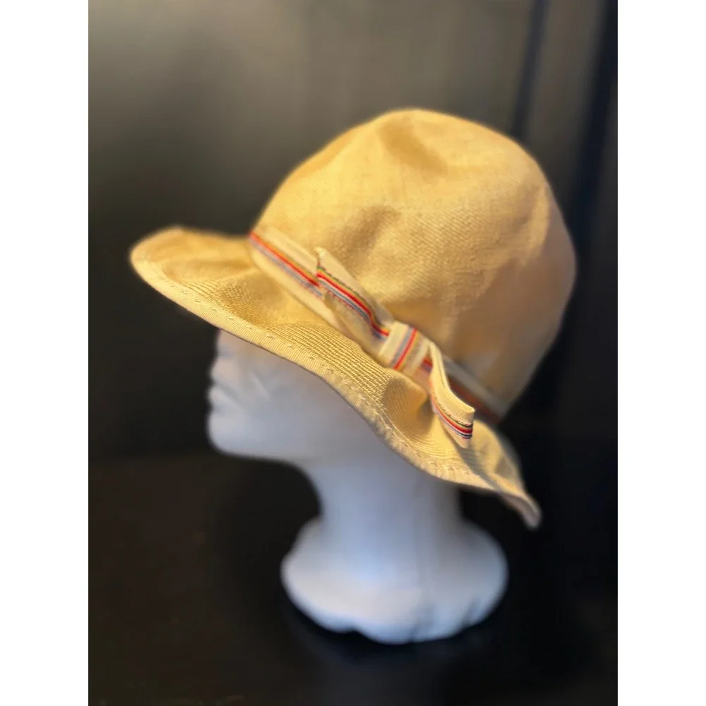 Vintage Miss Bierner Originals Straw Bucket Hat Set Tan Striped Ribbon Bow 2pc